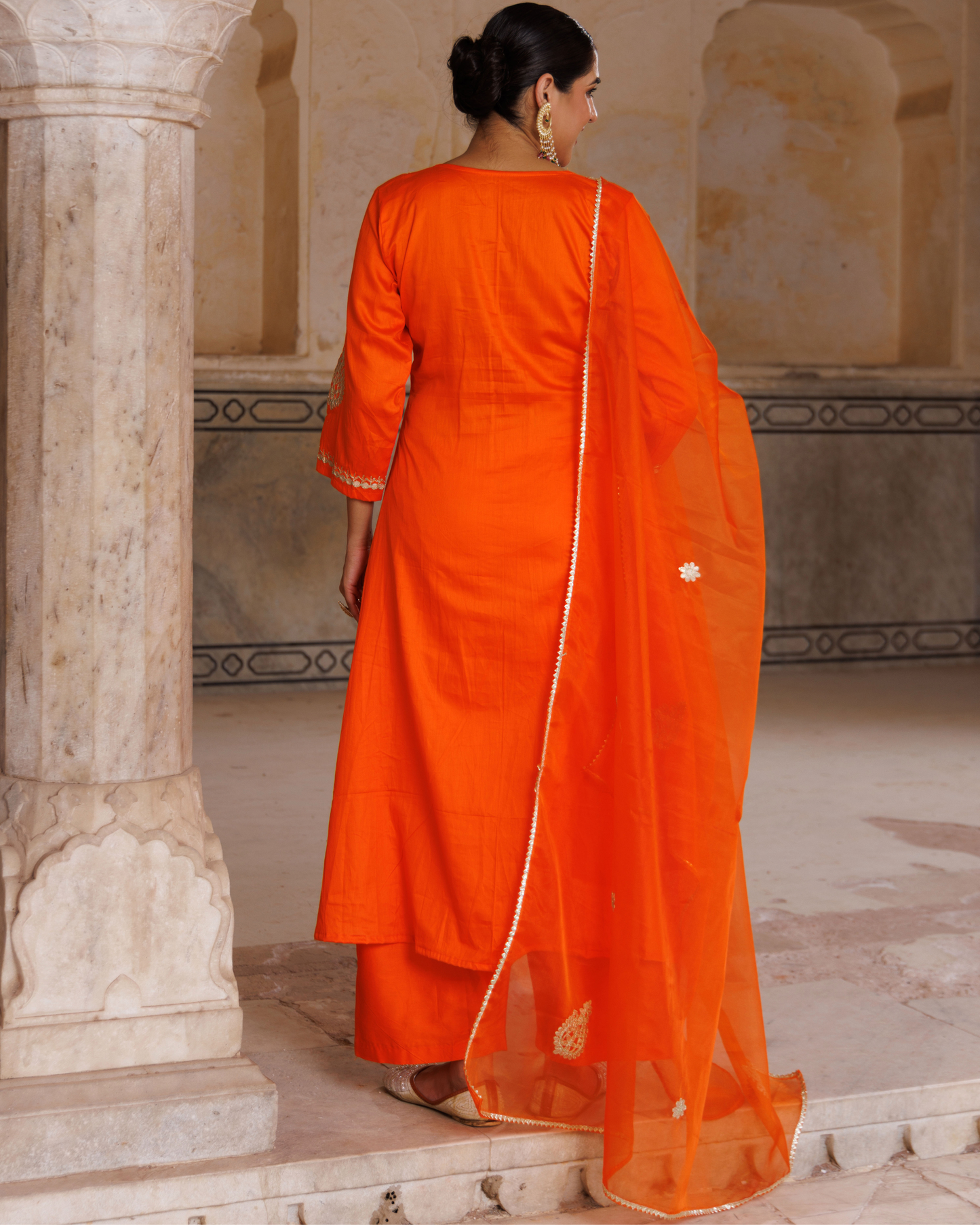 Orange cotton silk, gota patti work kurta set