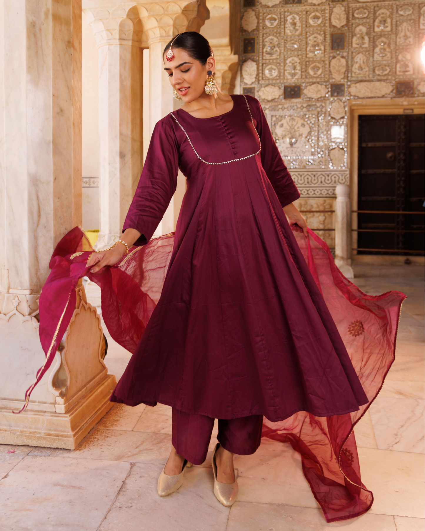 Purple cotton silk, gota patti work anarkali Set