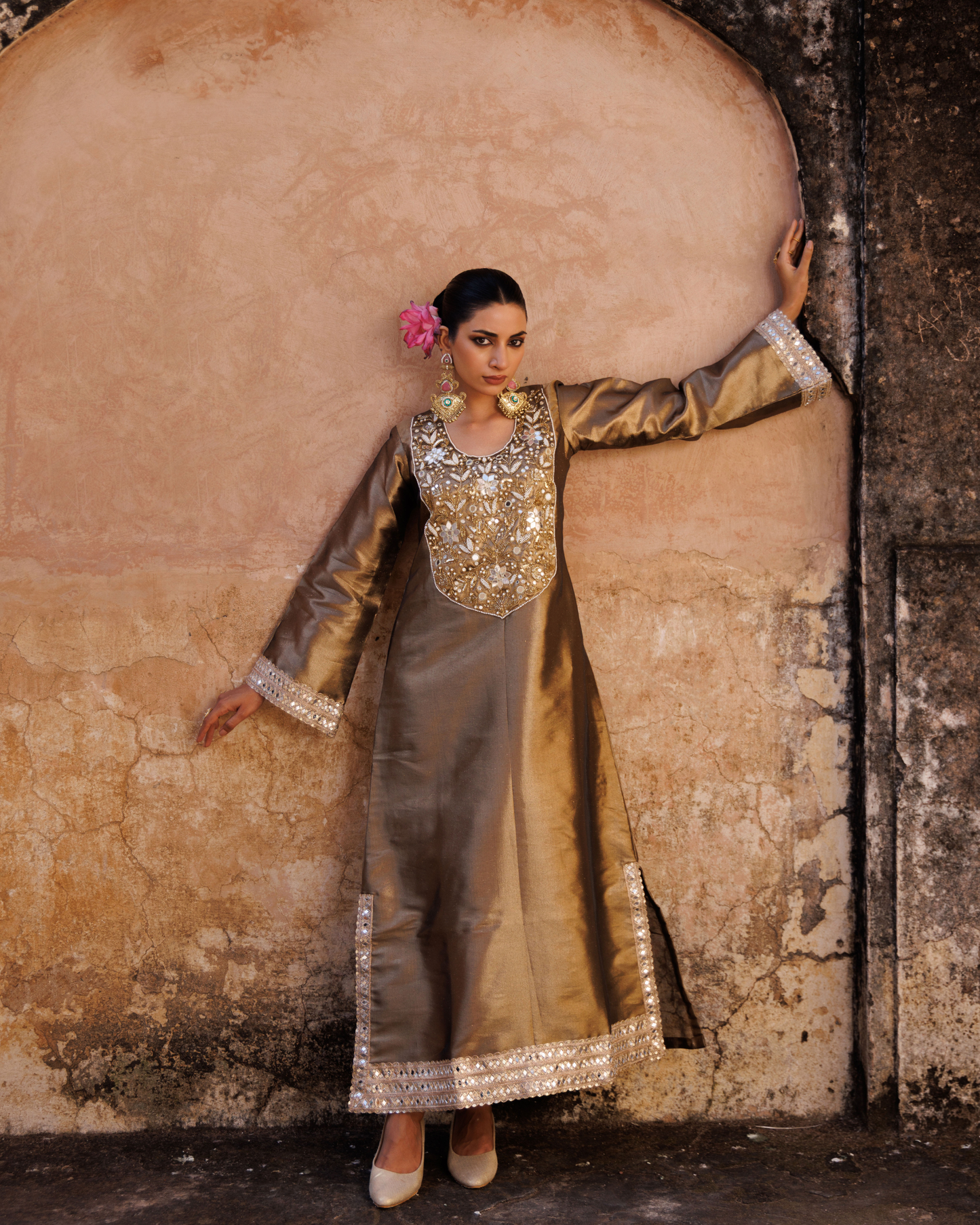 Brown metallic, Hand embroidered tissue kaftan
