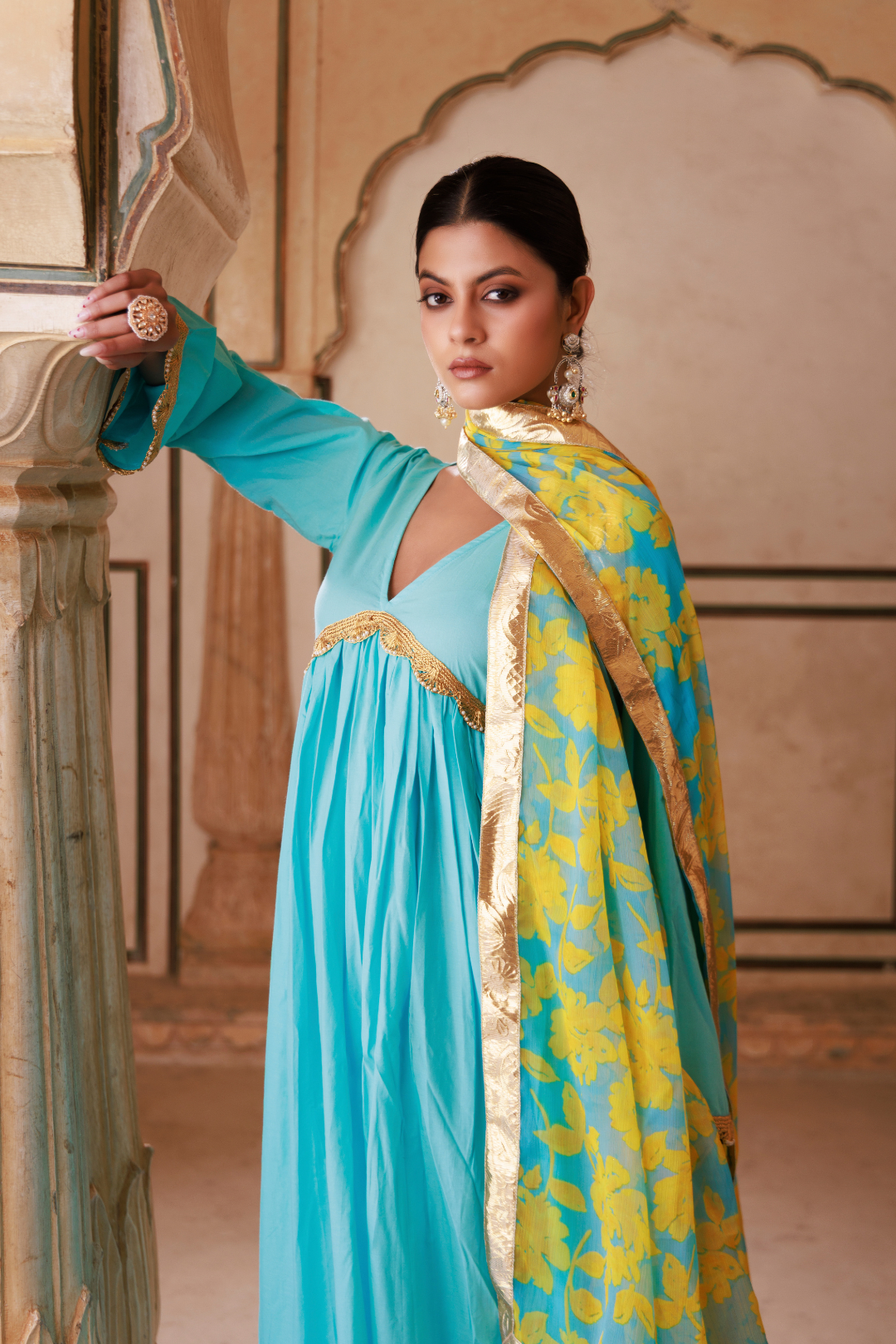 Blue Cotton Anarkali Set With Chiffon Dupatta