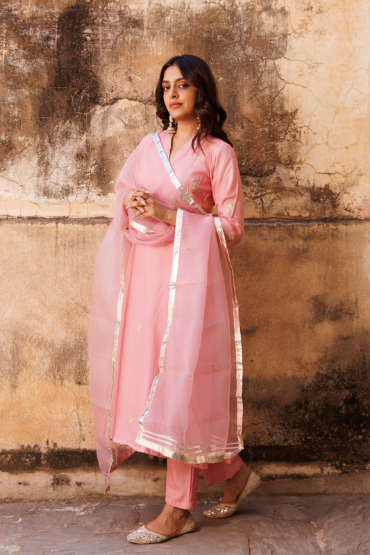 Pink Uppada Silk Aari Embroidered Kurta Set