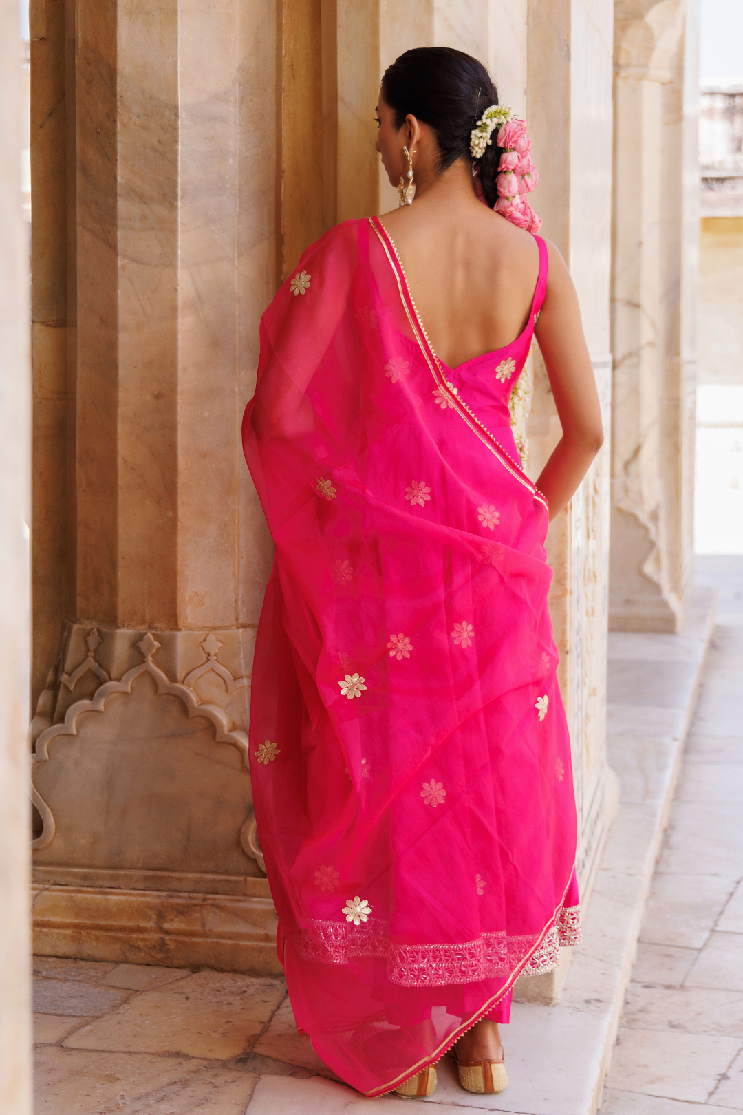Hot pink taffeta silk, gota patti work anarkali set