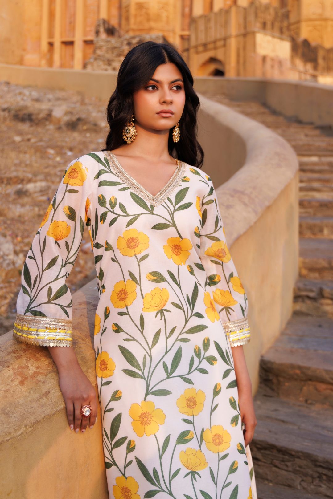 Off-white & Yellow Floral printed Chanderi Kurta Set