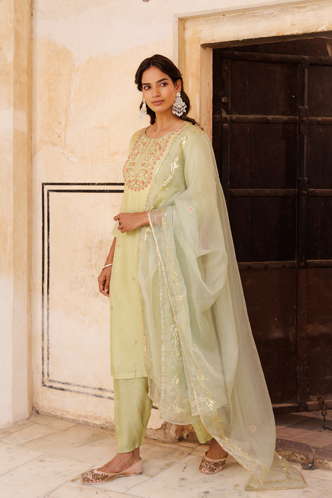 Pastel green hand embroidery Kurta Set