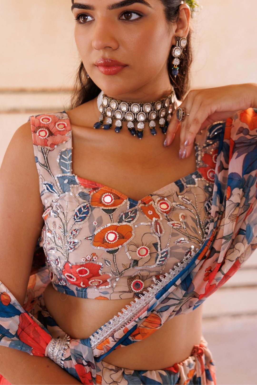 Beige georgette, blue & orange floral printed lehenga set