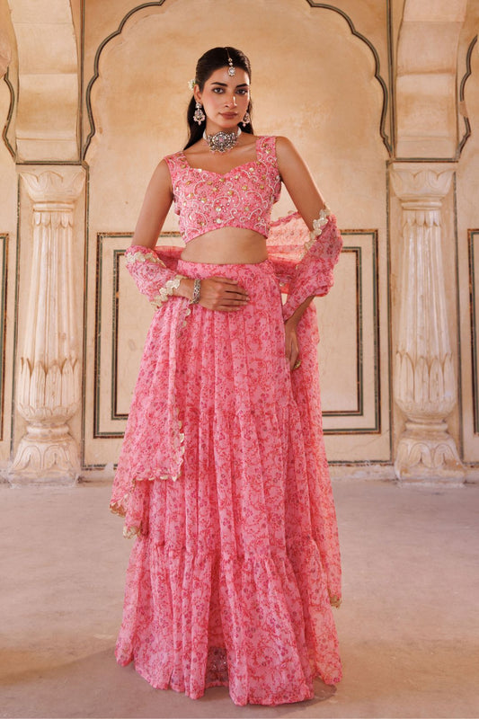 Pink Printed Chiffon Lehenga Set