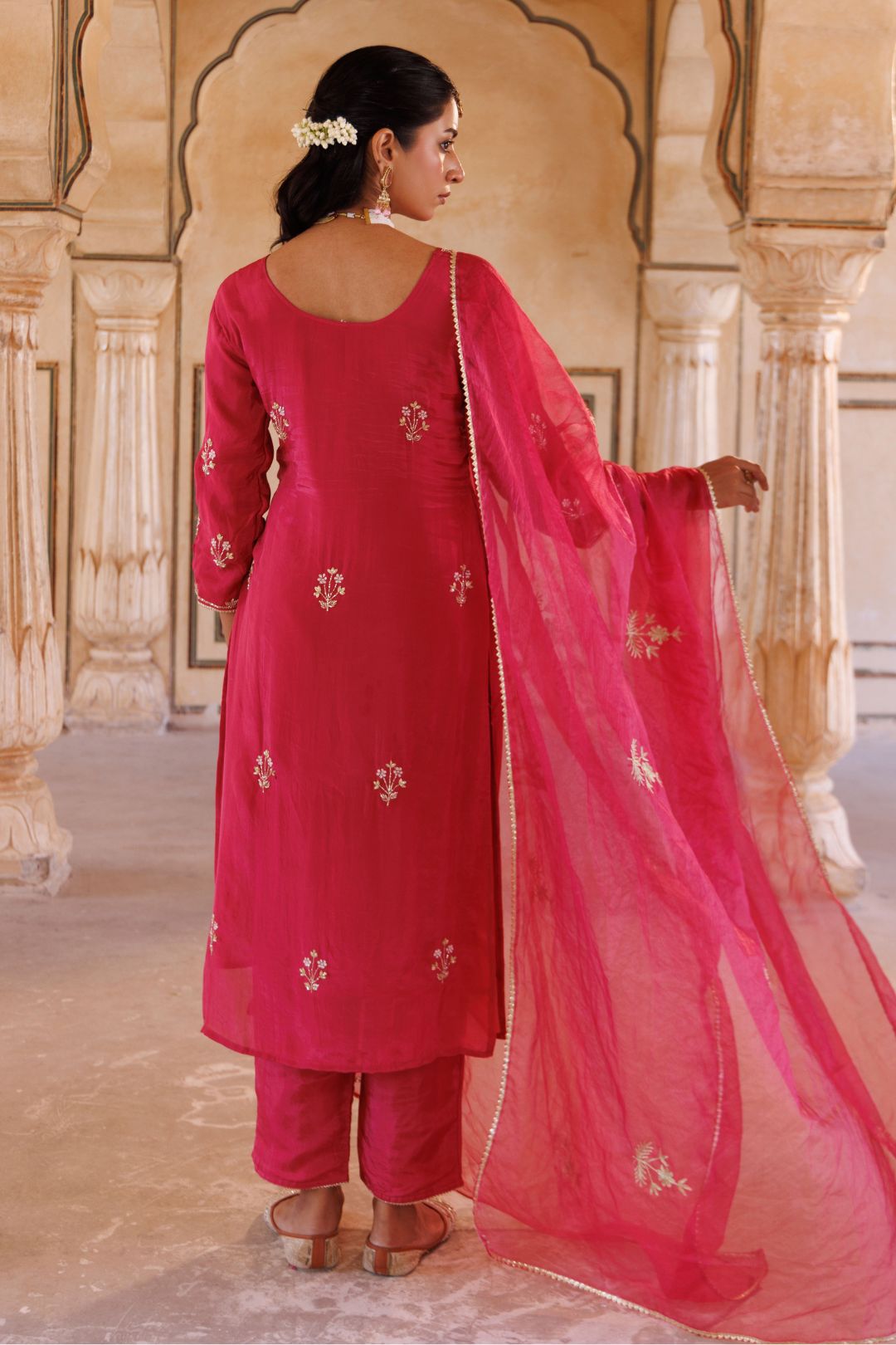 Deep pink silk, hand embroidered Kurta Set