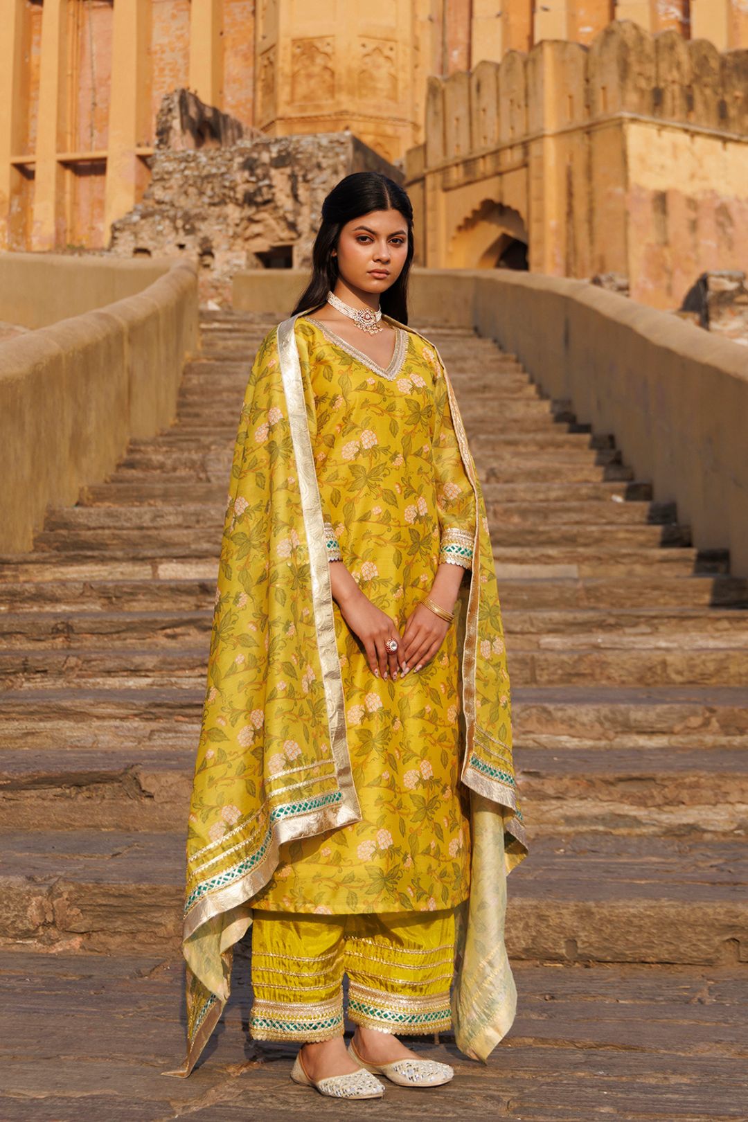 Olive Yellow Chanderi Kurta Set