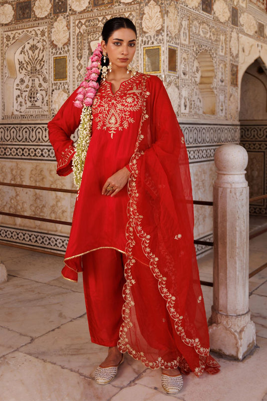 Red silk, hand embroidered kurta Set