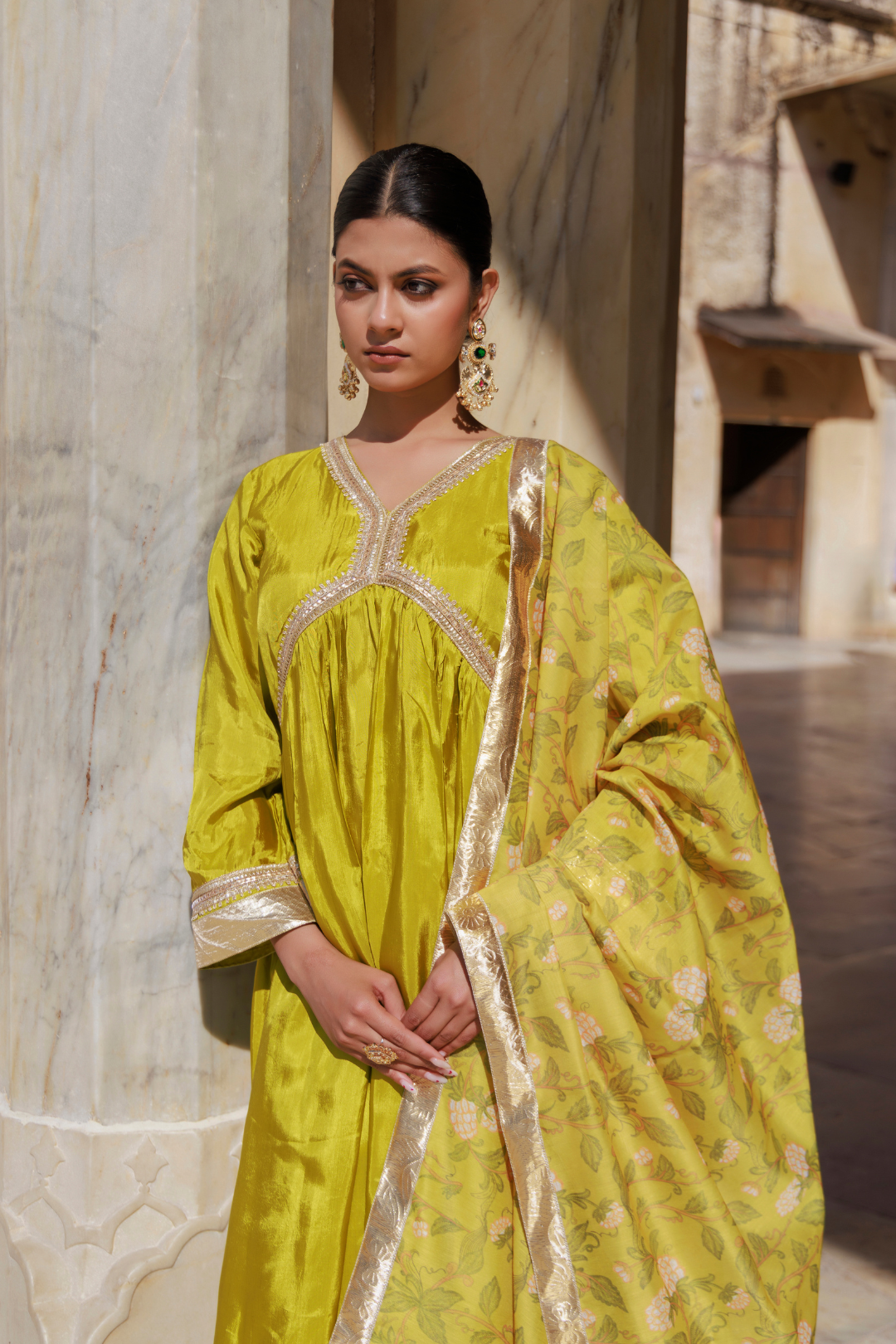 Olive Yellow Uppada Silk Kurta Set With Printed Chanderi Dupatta