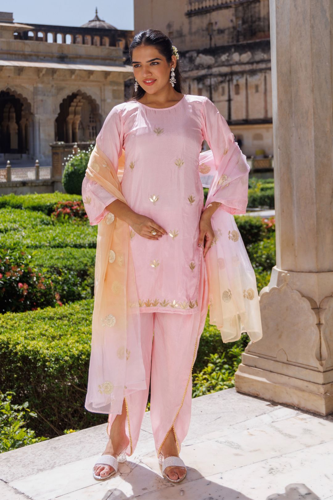 Light pink silk, gota patti work dhoti Set