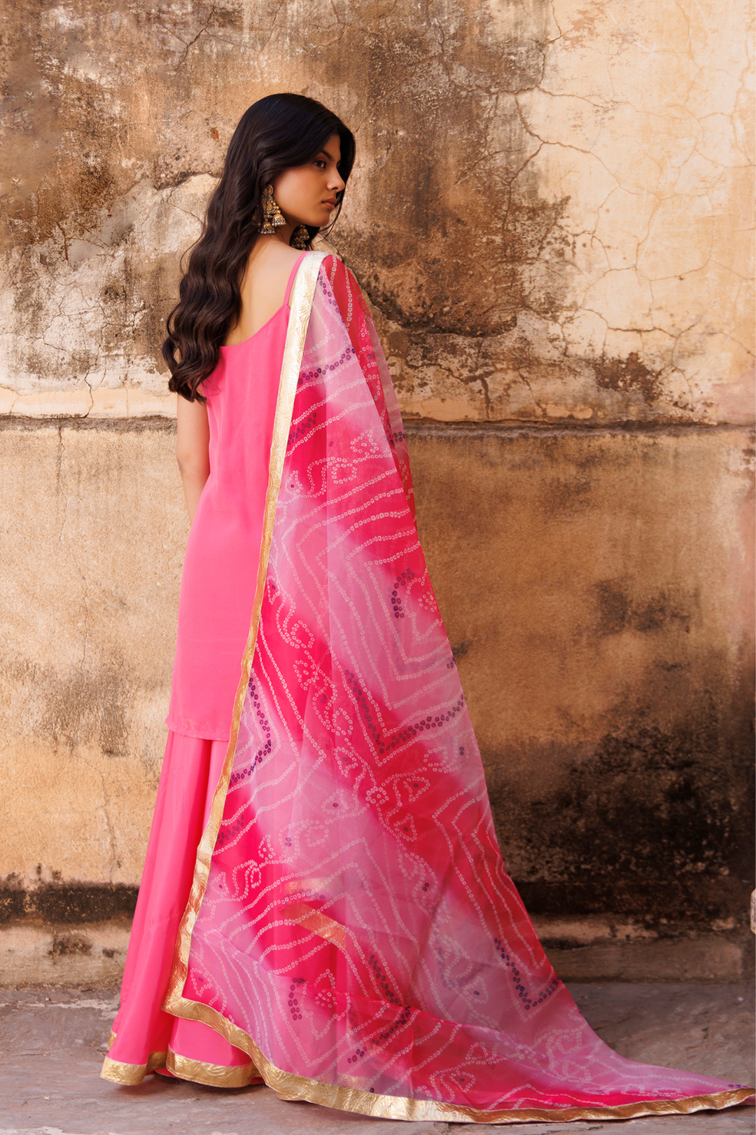 Pink Crepe Strappy Sharara Set