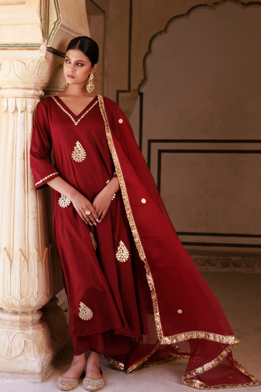 Maroon Cotton Silk Gota Patti Work Anarkali Set