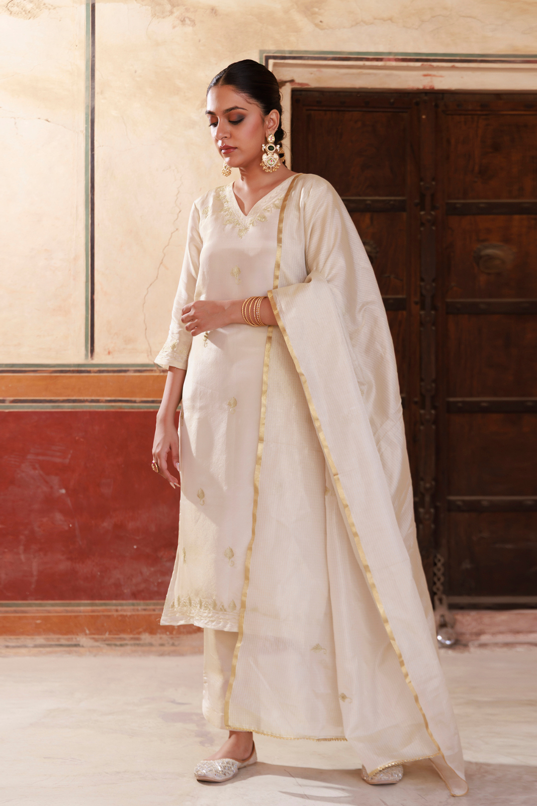 Ivory Gold Embroidered Tissue Kurta Set