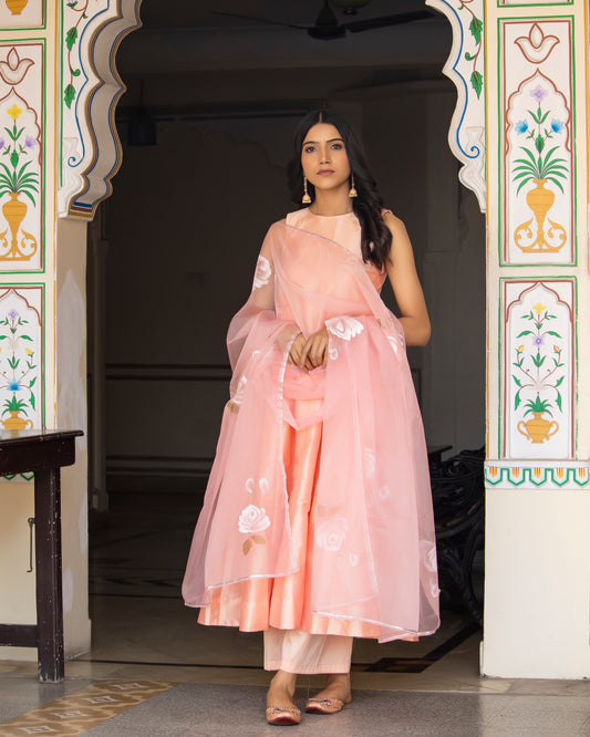 GAZAL PASTEL PEACH HAND PAINTED SUIT-SET