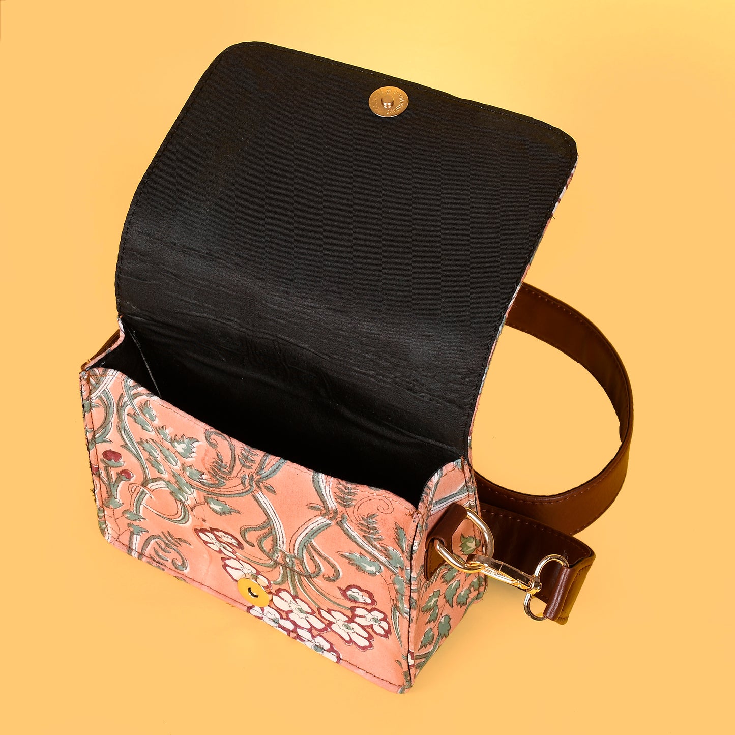 FLORAL PEACH HAND BLOCK PRINTED SLING BAG