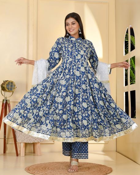 Hand Block Printed Falak Blue Kalidar Suit Set Online Bannhi