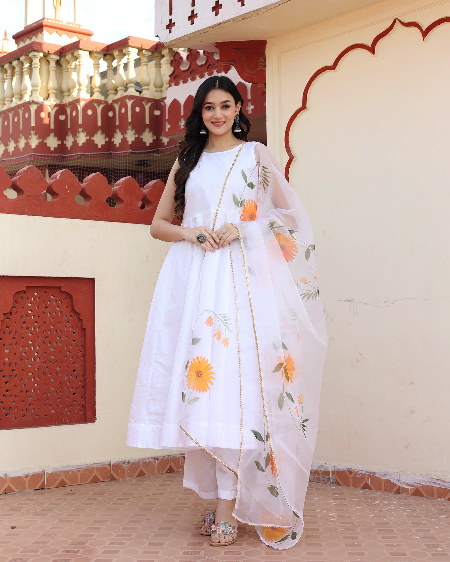 White Hand Painted Anarkali Set