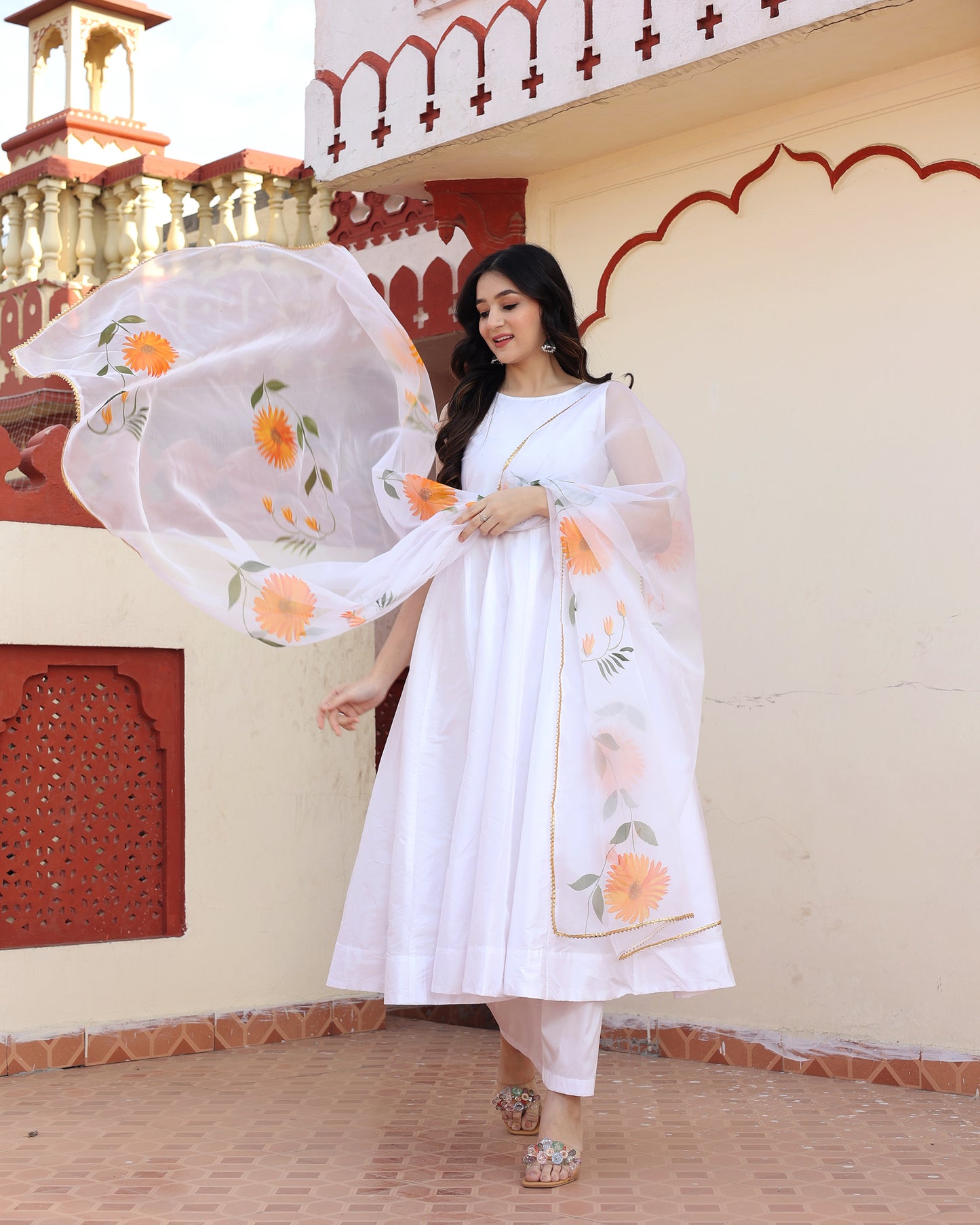 White Hand Painted Anarkali Set
