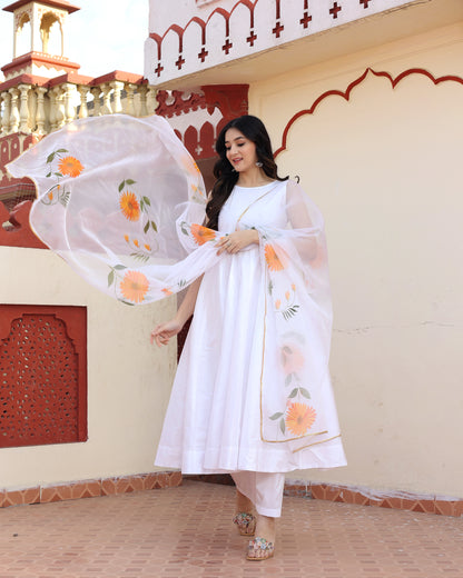 White Hand Painted Anarkali Set