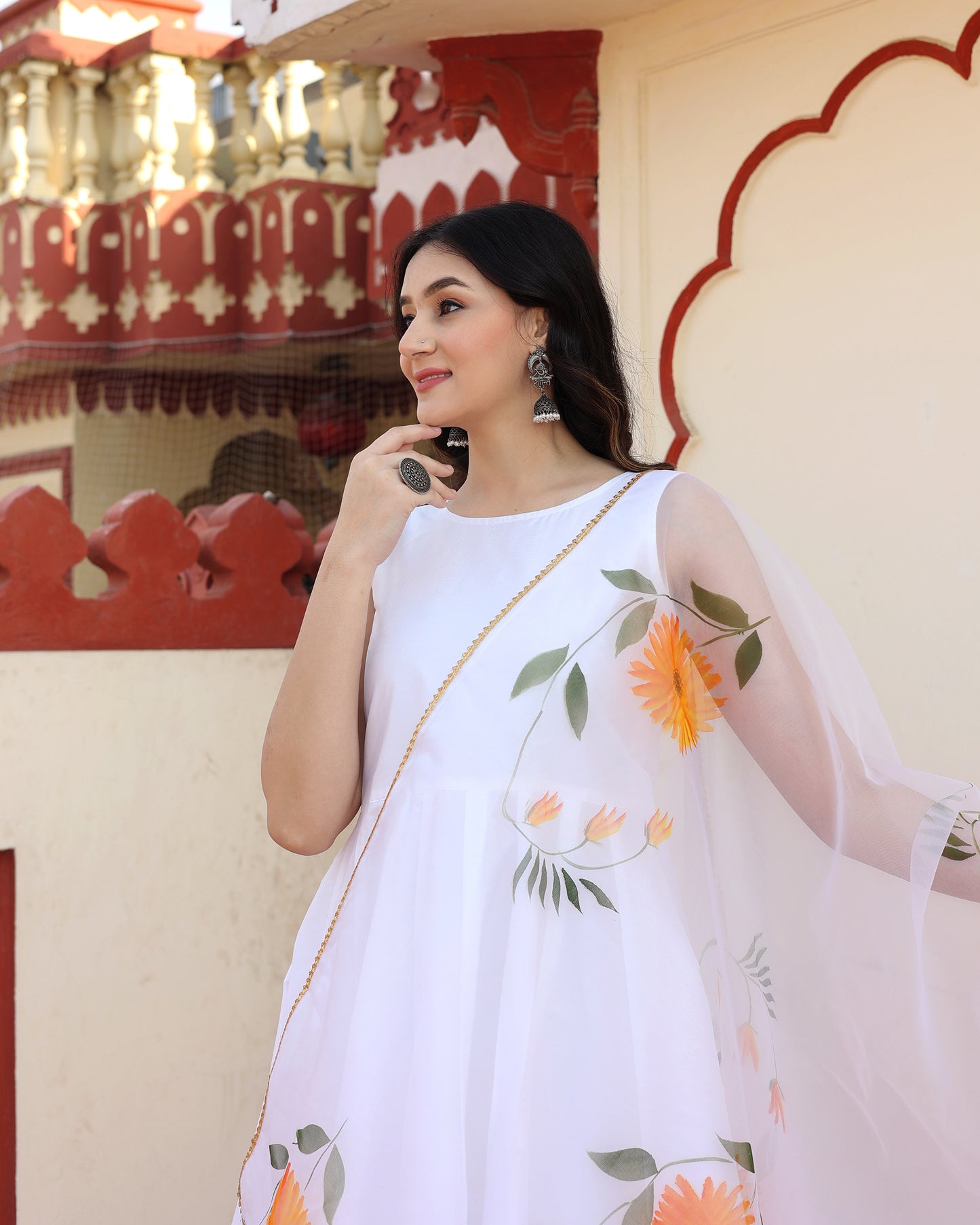 White Hand Painted Anarkali Set