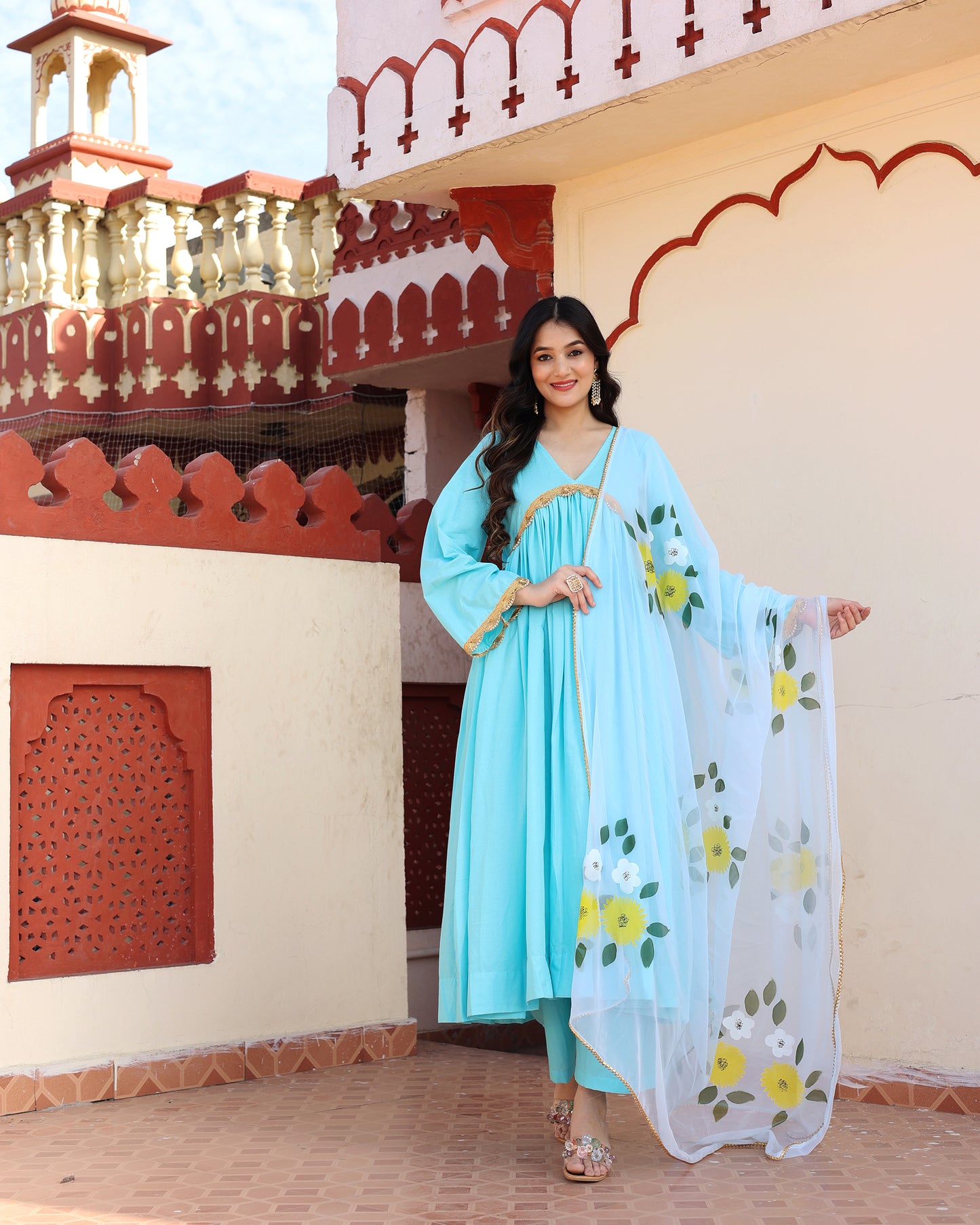 SKY BLUE HAND PAINTED ANARKALI SET