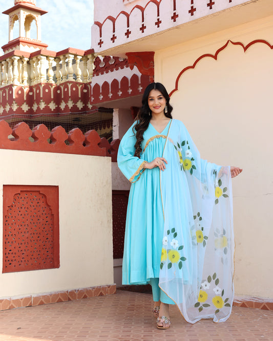SKY BLUE HAND PAINTED ANARKALI SET