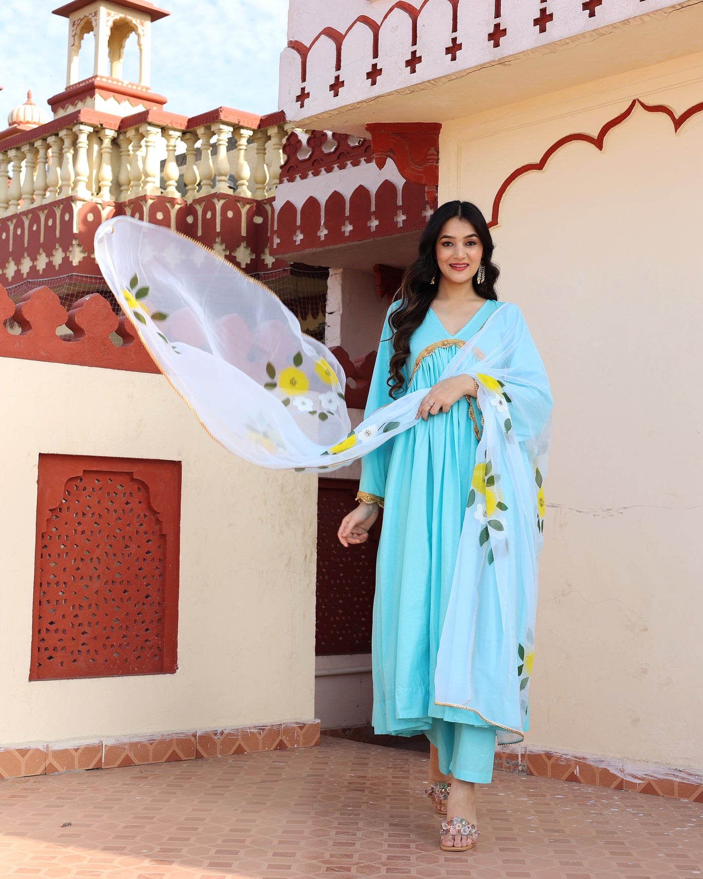 SKY BLUE HAND PAINTED ANARKALI SET