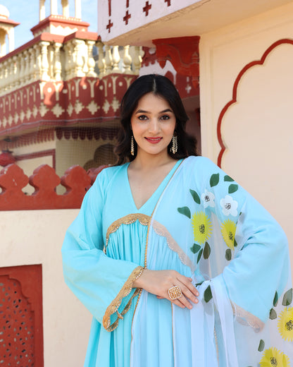 SKY BLUE HAND PAINTED ANARKALI SET