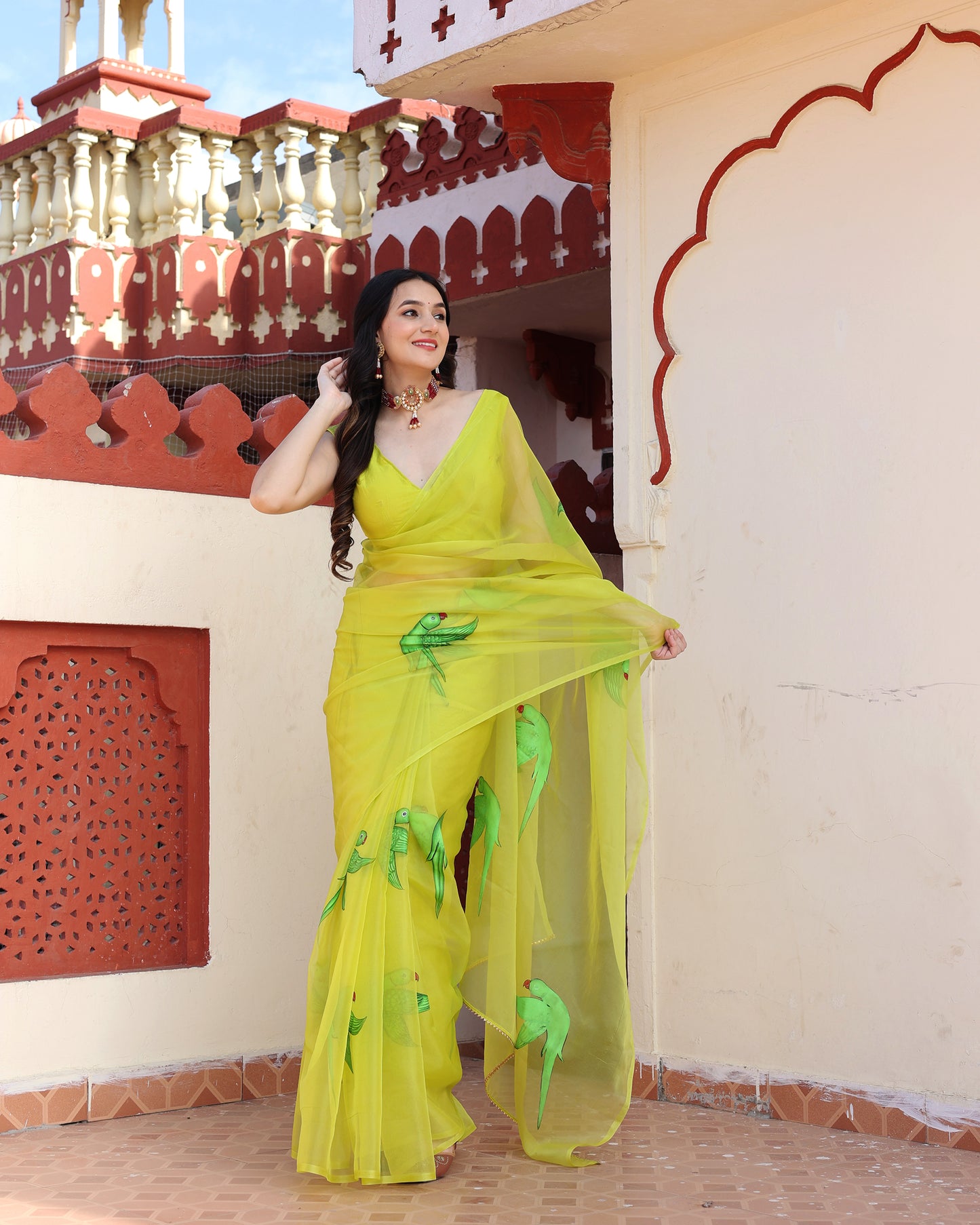 Lime Green Hand Painted Saree