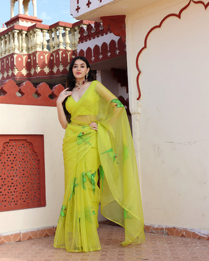 Lime Green Hand Painted Saree