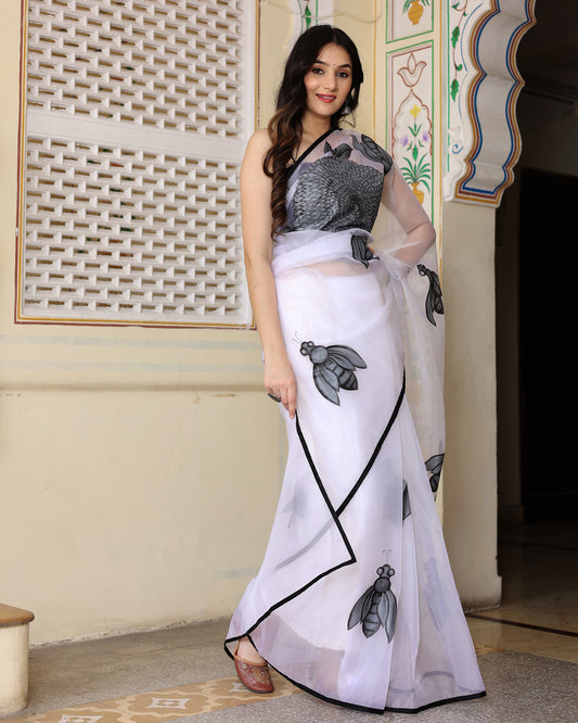 White Hand Painted Organza Saree