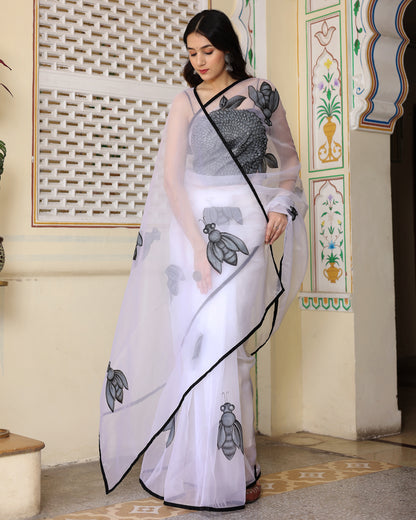 White Hand Painted Organza Saree