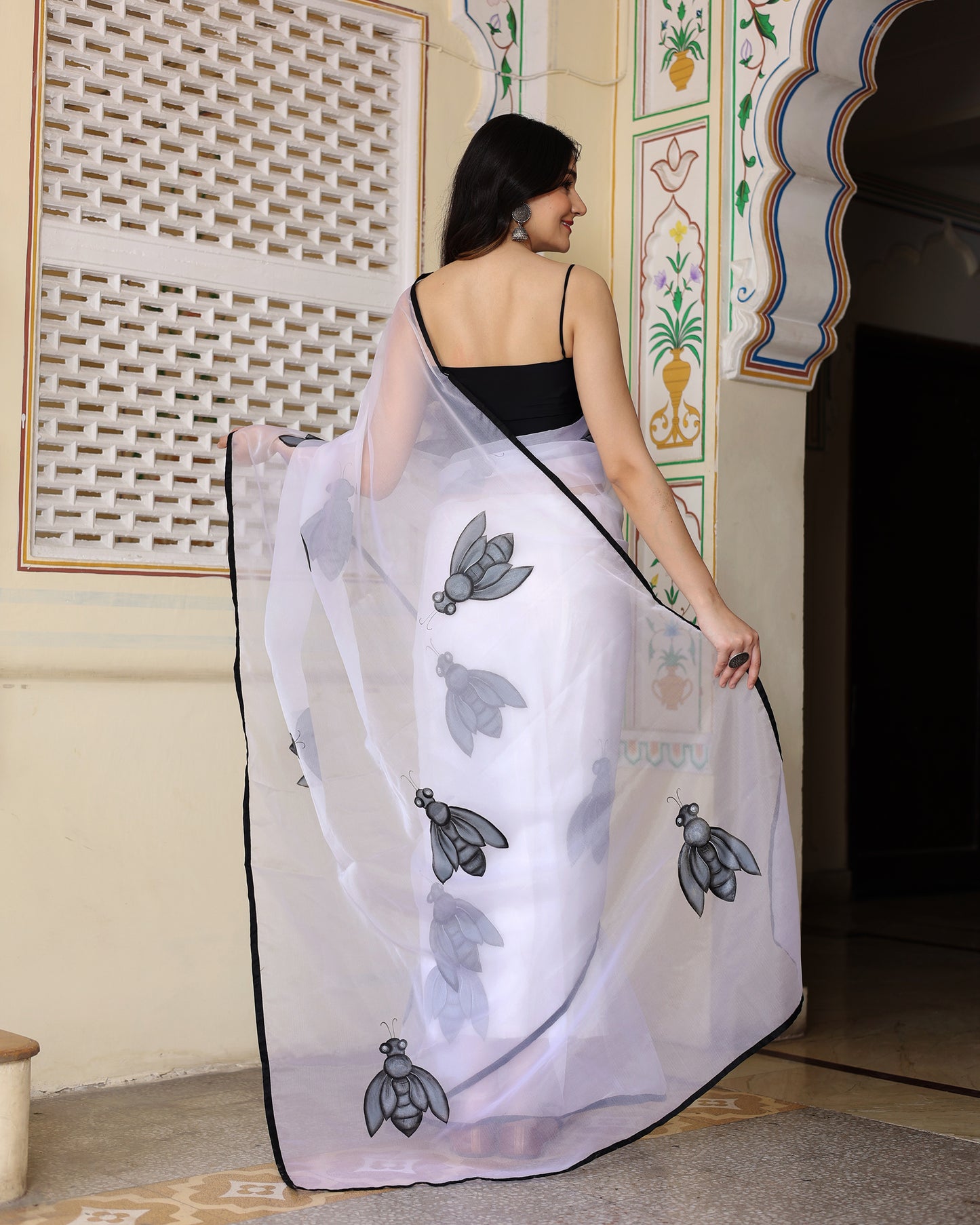 White Hand Painted Organza Saree