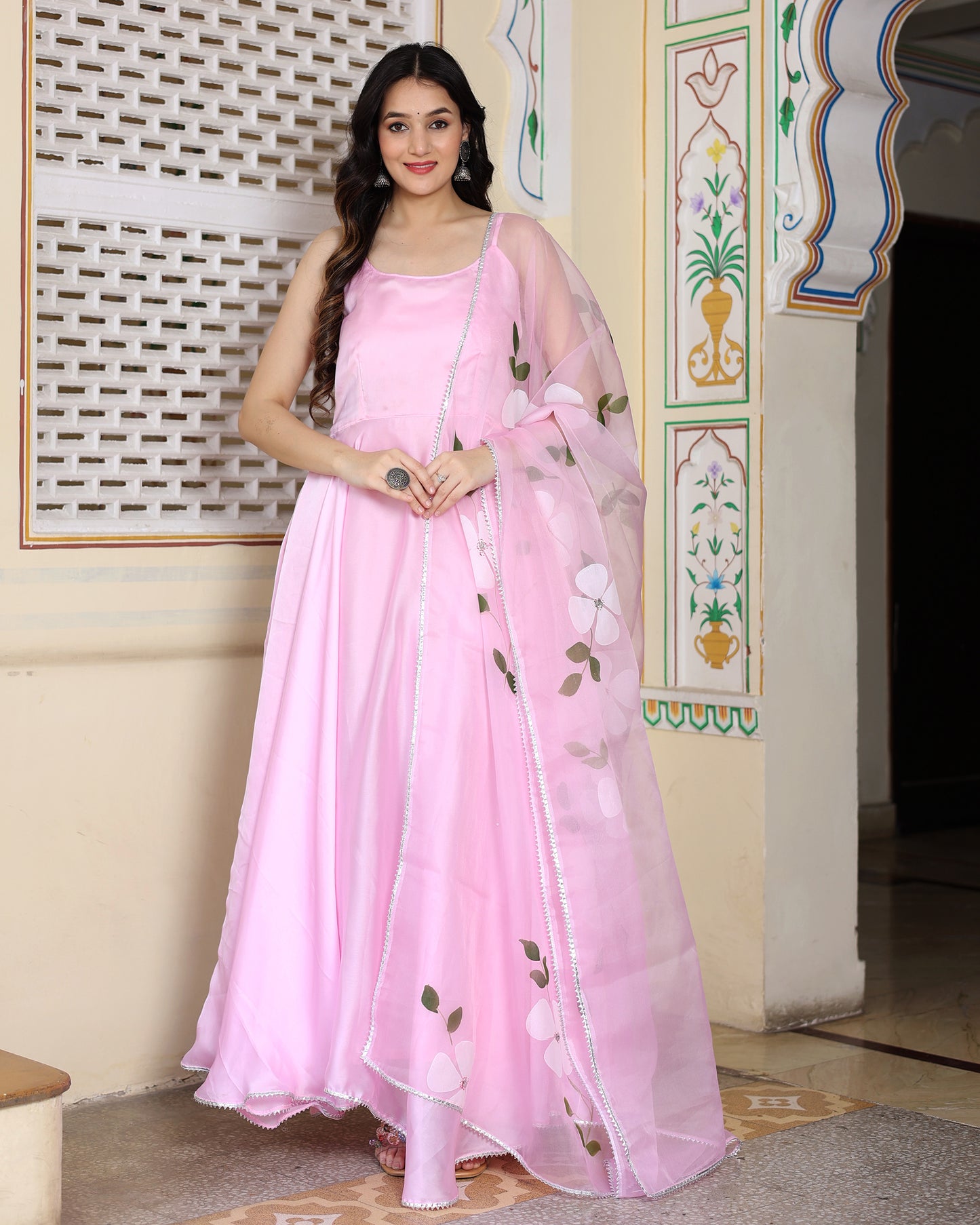 PINK HAND PAINTED ANARKALI SET