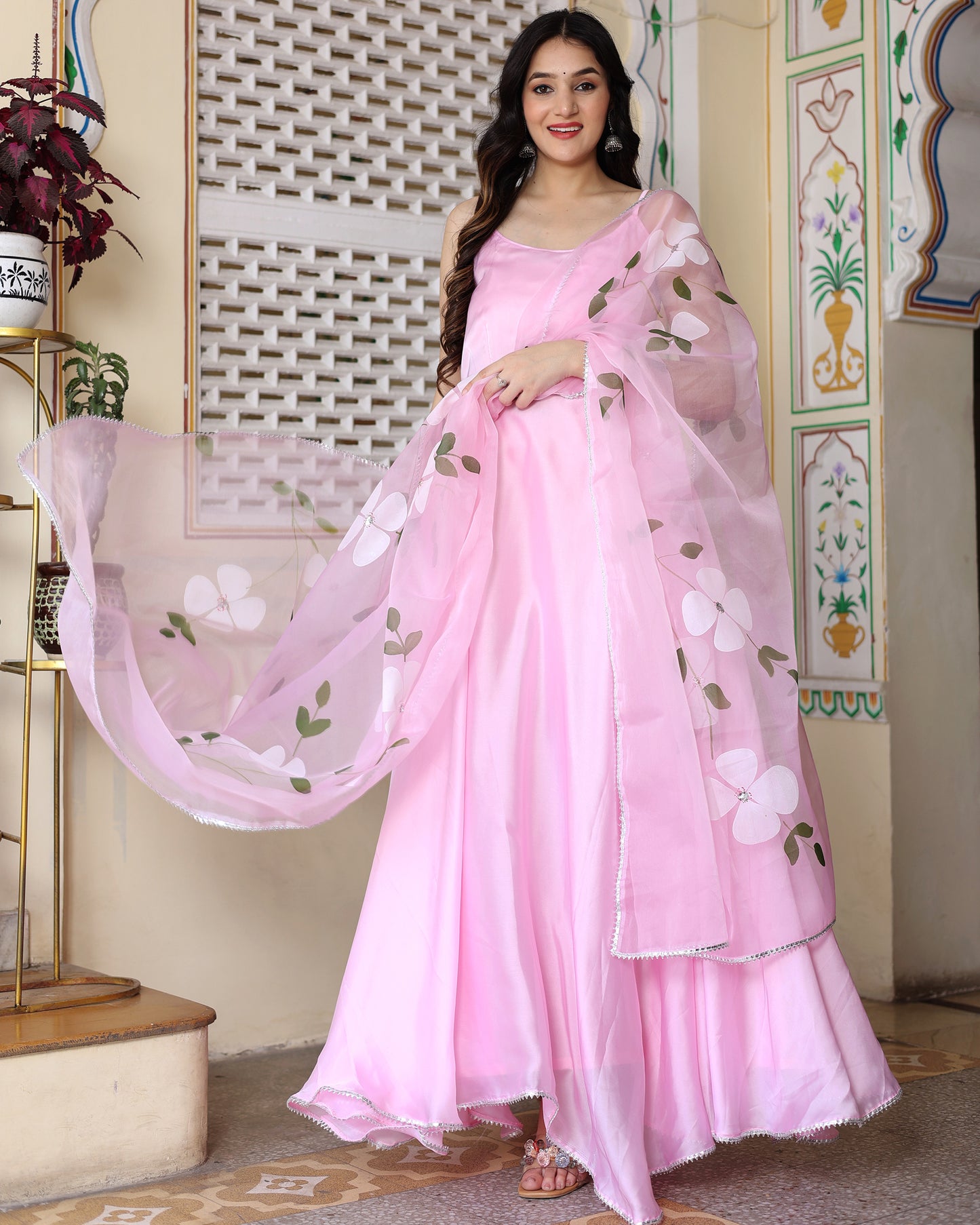 PINK HAND PAINTED ANARKALI SET
