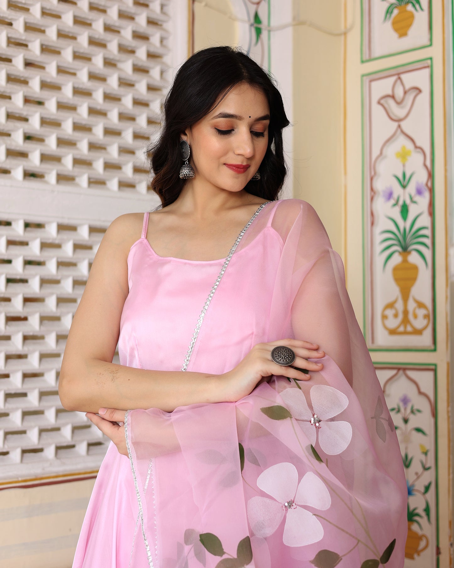 PINK HAND PAINTED ANARKALI SET