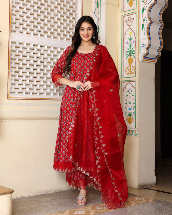 RED COTTON EMBROIDERED SUIT SET