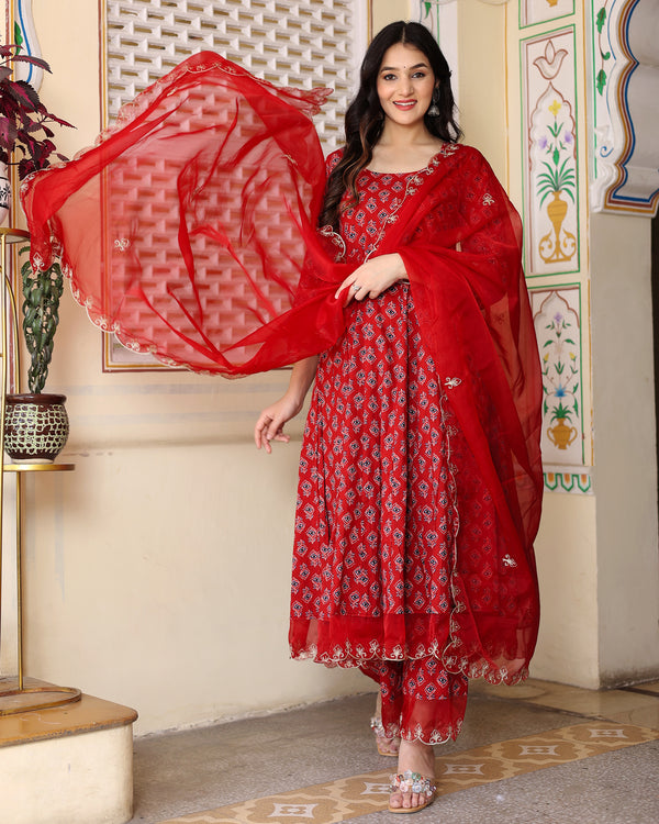 RED COTTON EMBROIDERED SUIT SET