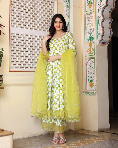 WHITE HAND BLOCK PRINTED ANARKALI SET