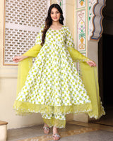 WHITE HAND BLOCK PRINTED ANARKALI SET