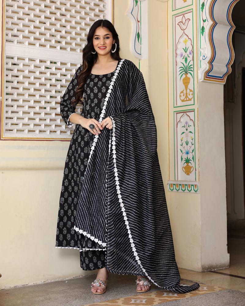 BLACK HAND BLOCK PRINTED ANARKALI SET