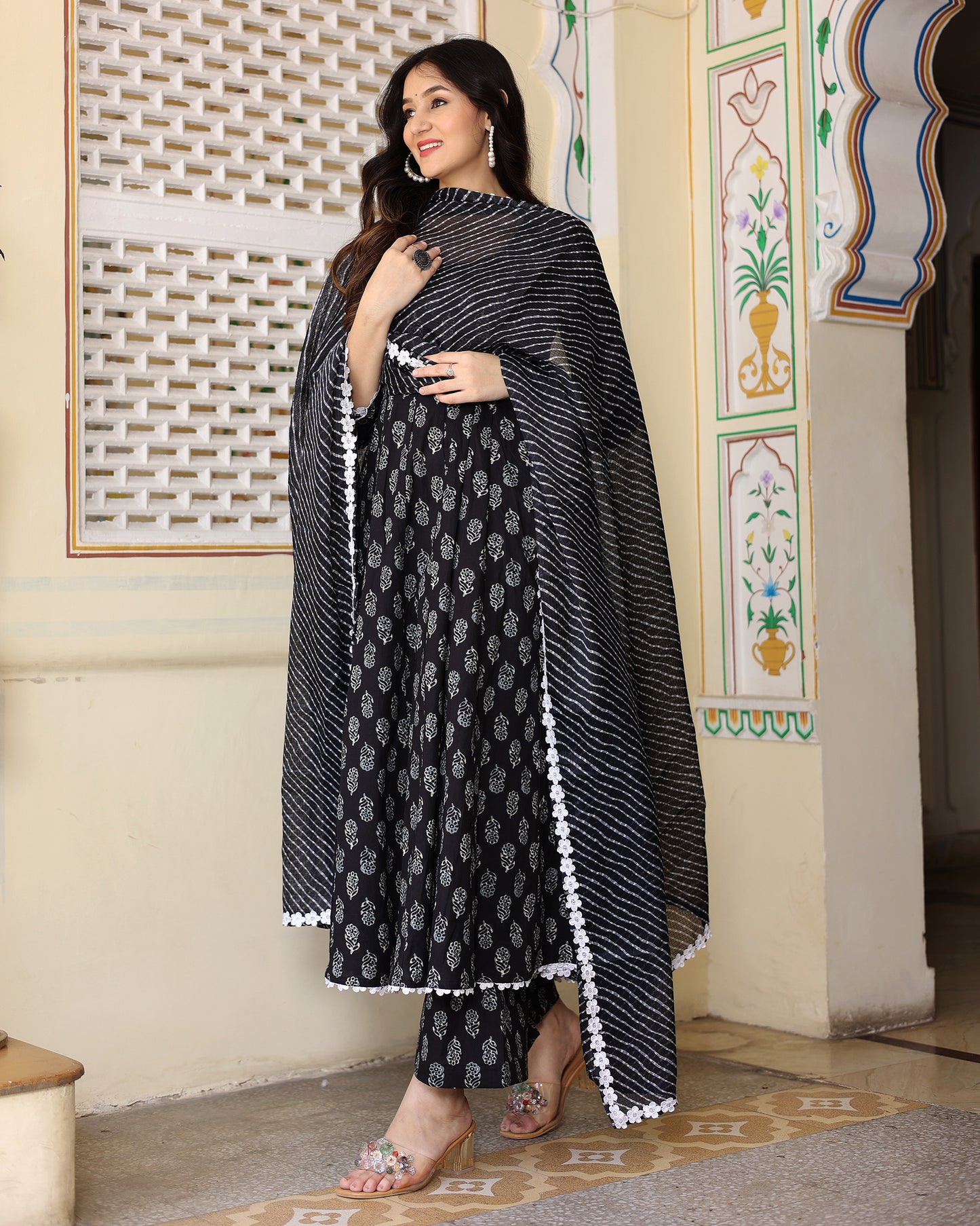 BLACK HAND BLOCK PRINTED ANARKALI SET