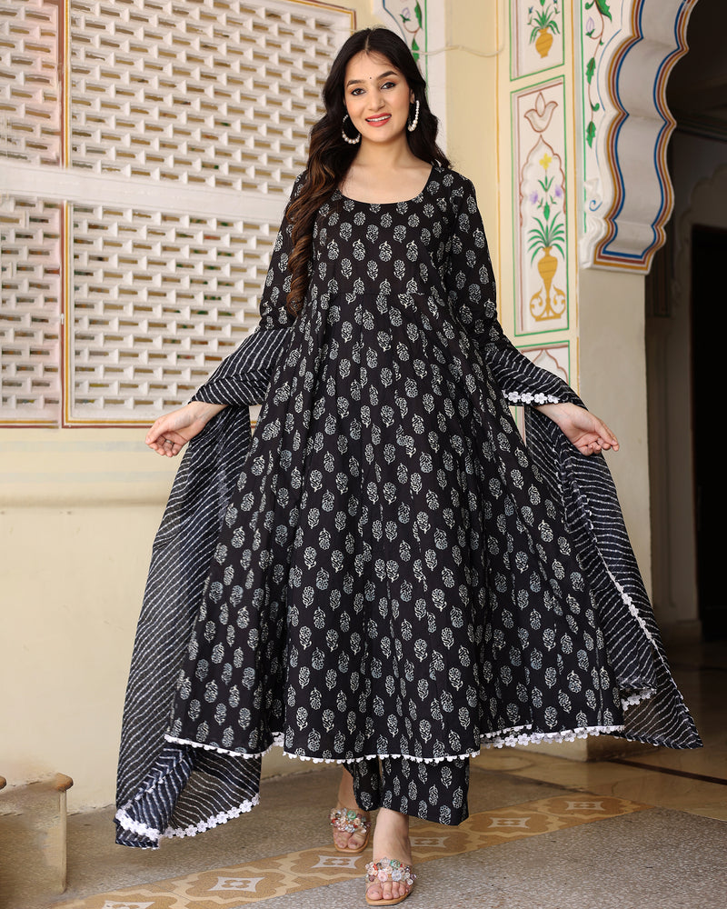 BLACK HAND BLOCK PRINTED ANARKALI SET