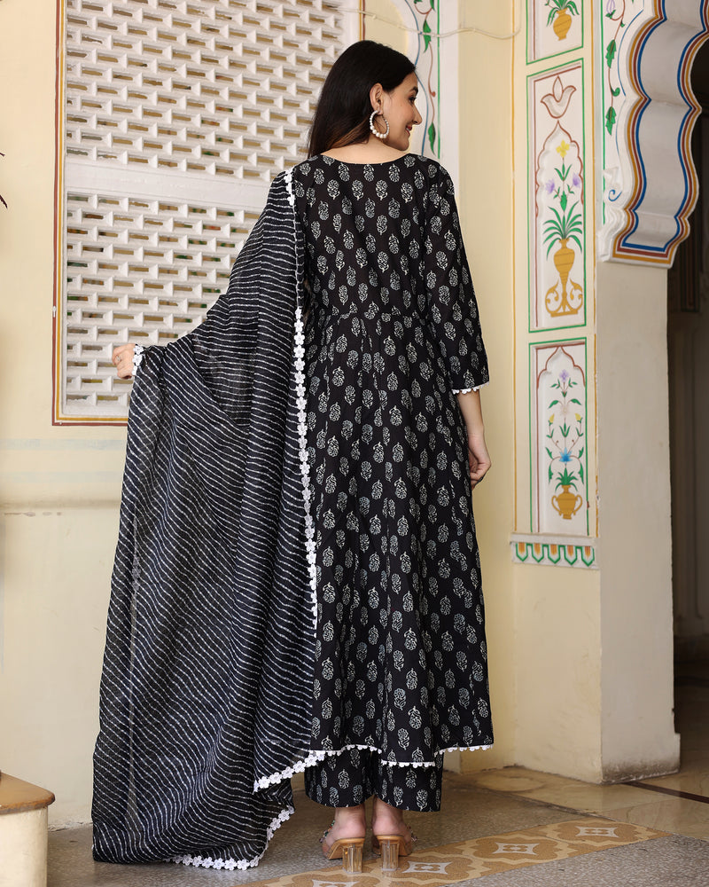 BLACK HAND BLOCK PRINTED ANARKALI SET