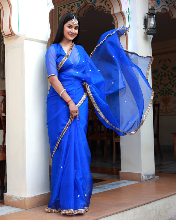 Sea Green & Blue Organza Saree– Inddus.in