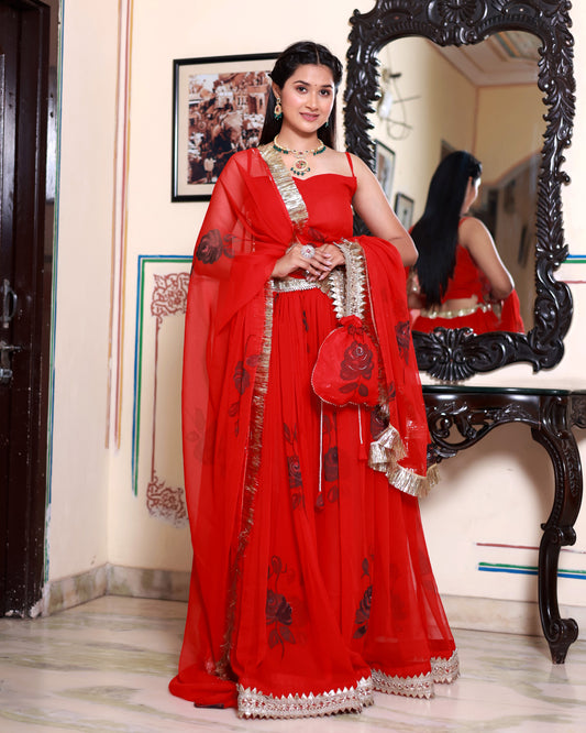 GAYATRI RED HAND PAINTED LEHENGA SET