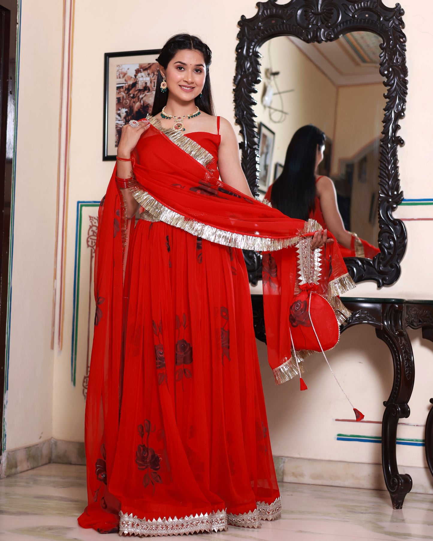 GAYATRI RED HAND PAINTED LEHENGA SET