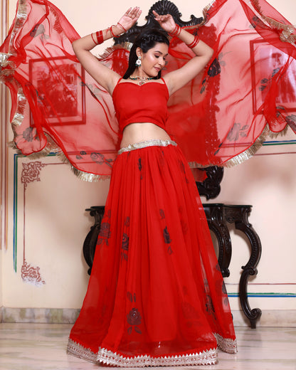 GAYATRI RED HAND PAINTED LEHENGA SET