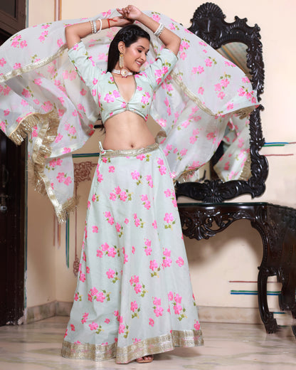 KALKI FLORAL PRINTED LENENGA SET